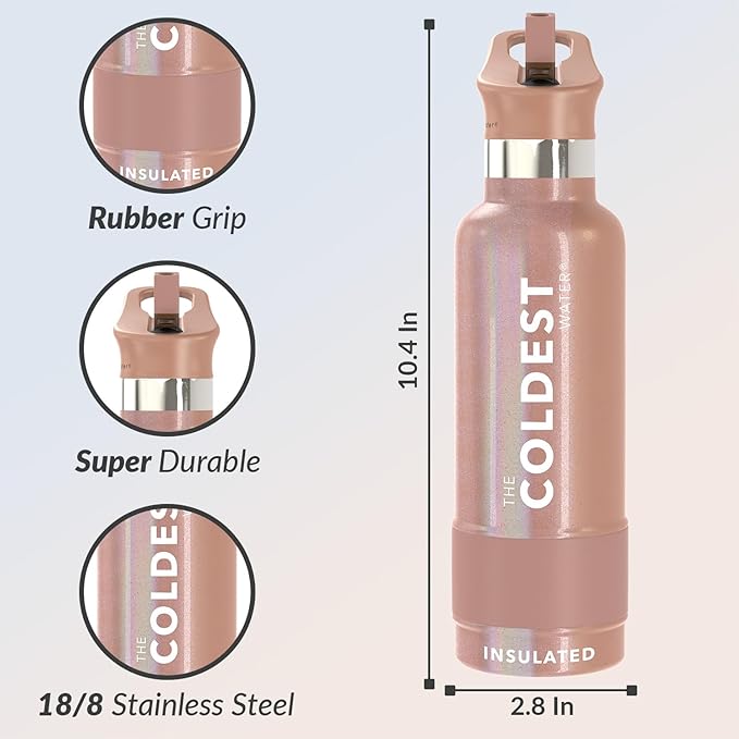 Coldest Insulated Water Bottle with Straw Lid - Stainless Steel Metal Insulated Bottle for Men & Women (Rose Gold Glitter, 21 oz)