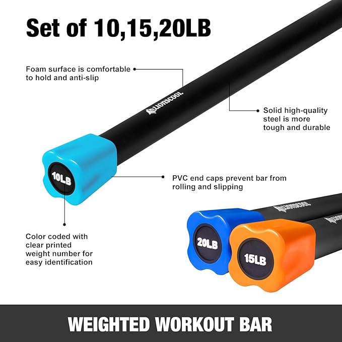 LIONSCOOL Workout Weighted Bar,Padded Exercise Weight Bar, Solid Steel Stretching weighted bar set for Body Sculpting, Physical Therapy,Body Toning