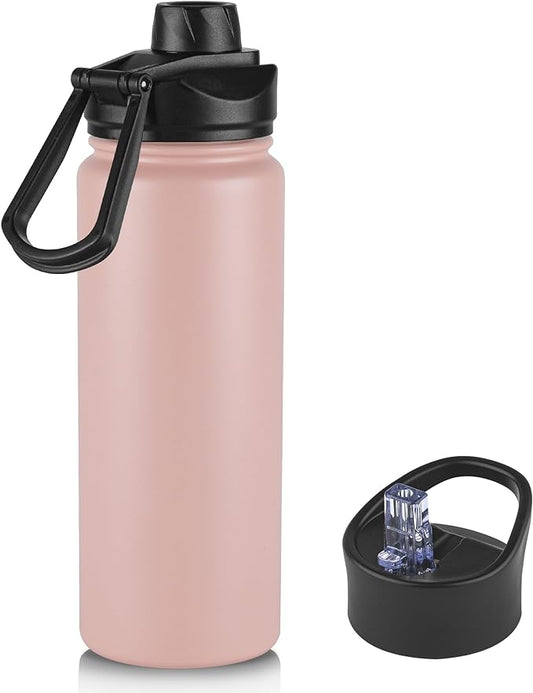 24oz Insulated Water Bottle with Straw Lid, Stainless Steel Metal Water Bottle with Straw & Wide Mouth Lid, Double Wall Vacuum Water Bottle for Hiking Camping, Pink 1 Pack
