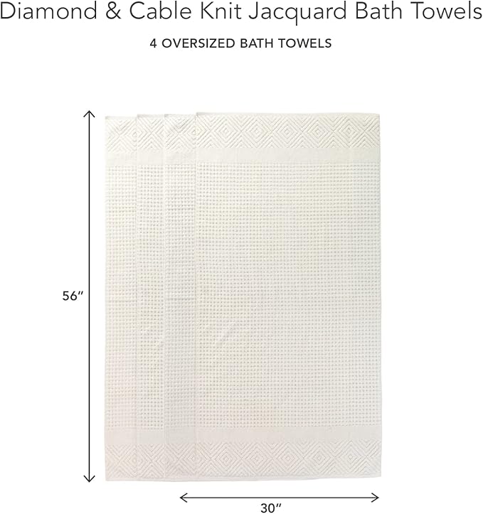 Texere 100% Organic Cotton Diamond Jacquard 700 GSM Luxury Bath Towel Sets - Ultra Soft and Absorbent Hotel and Spa Quality (Diamond, Cream, 4 Bath Towels)