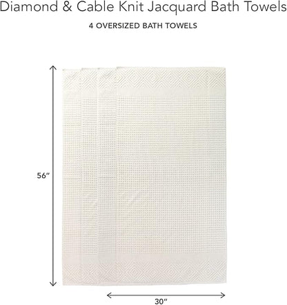 Texere 100% Organic Cotton Diamond Jacquard 700 GSM Luxury Bath Towel Sets - Ultra Soft and Absorbent Hotel and Spa Quality (Diamond, Cream, 4 Bath Towels)