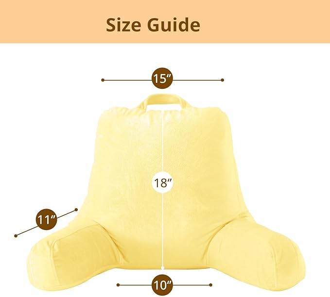 Sasttie Reading Pillow, Velvet Back Pillow for Bed Sitting Up, Adult Back-Rest Support Cushion with Arms for Sit Up on Couch, Sofa, and Floor, Dorm Essentials, Reading Accessories, Light Yellow