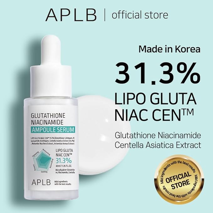 APLB Glutathione Niacinamide Ampoule Serum | LIPO GLUTA NIAC CEN™ 31.3% 1.35 FL.OZ/Korean Skincare, Long lasting moisturizing, Improve skin elasticity, Revitalize for gentle and improve skin texture