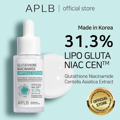 APLB Glutathione Niacinamide Ampoule Serum | LIPO GLUTA NIAC CEN™ 31.3% 1.35 FL.OZ/Korean Skincare, Long lasting moisturizing, Improve skin elasticity, Revitalize for gentle and improve skin texture
