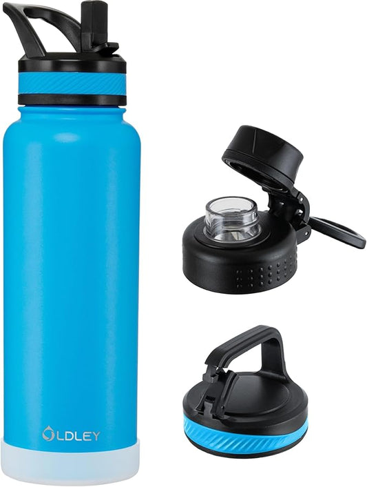 OLDLEY 40 oz Insulated Water Bottle With Straw, Stainless Steel Sports Water Cup Flask with 3 Lids(Straw, Spout and Handle Lid) Double Walled Travel Thermal Canteen Mug,Sky Blue