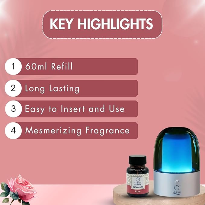 G's Breeze Smart Aroma Diffuser with 60ml Rose Scent Refill – Bluetooth & Wi-Fi App Control - LED Lighting, Adjustable Intensity - Long-Lasting Romantic Floral Fragrance for Home or Office