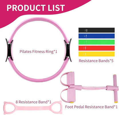 8pcs Pilates Ring Set,Pilates Exercise Equipment Set with 6-Tube Pedal Resistance Band 5Pcs Resistance Bands Open-Back Fitness Figure for Strength Flexibility Stability and Body Toning