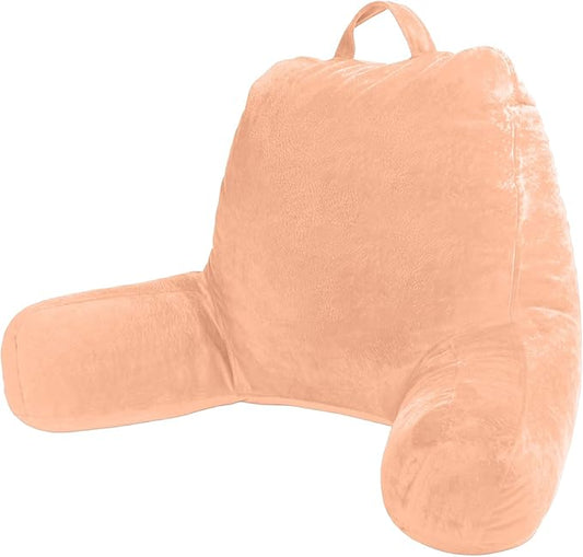 Sasttie Reading Pillow, Velvet Back Pillow for Bed Sitting Up, Adult Back-Rest Support Cushion with Arms for Sit Up on Couch, Sofa, and Floor, Dorm Essentials, Reading Accessories, Light Salmon