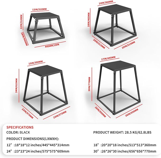 Metal Plyometric Jumping Box,12/18/24/30 Inch Steel Plyo Box Set for Fitness Exercise Home Gym,Single/Set