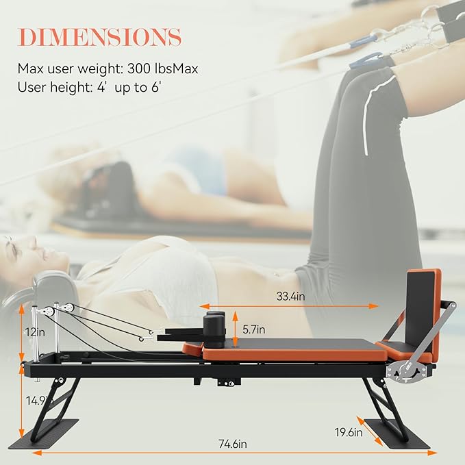 Pilates Reformer,Foldable Pilates Machine for Home Use and Gym Workout,Suitable for Advanced and Beginners Users ,Pilates Equipment with 4 Springs&5 Resistance Cords