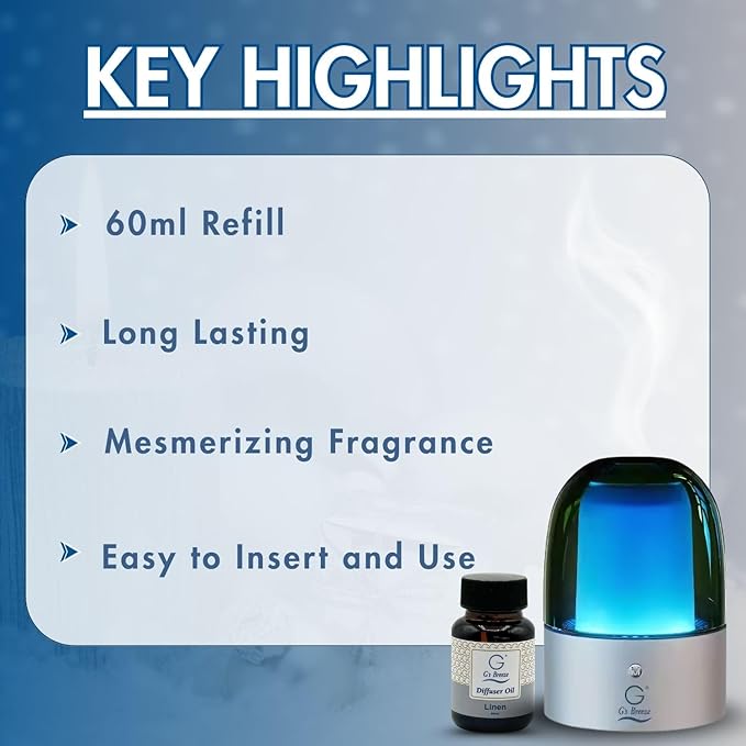 G's Breeze Smart Aroma Diffuser with 60ml Linen Scent Refill - Bluetooth & Wi-Fi App Control - LED Lighting & Adjustable Intensity - Long-Lasting Crisp Clean Cotton Fragrance for Home or Office