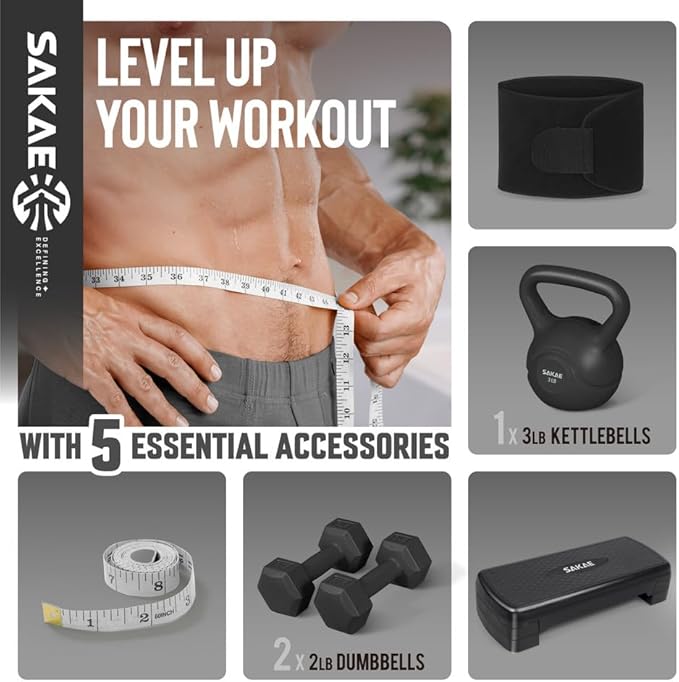 SAKAE Adjustable Aerobic Stepper Kit with Dumbbells & Kettlebell & Weightlifting Belt & Measuring Tape, 2 Level Risers Exercise Step Platform for Home Gym Exercise Fitness Workout, Multiple Colors