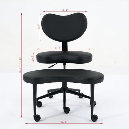 Cross-Legged Meditation Chair with Wheels, Adjustable Desk Chair for Home Office, Ergonomic Floor Seat for ADHD & Yoga, Criss Cross Chair with Lumbar Support, Memory Foam Cushion (Black-PU Leather)
