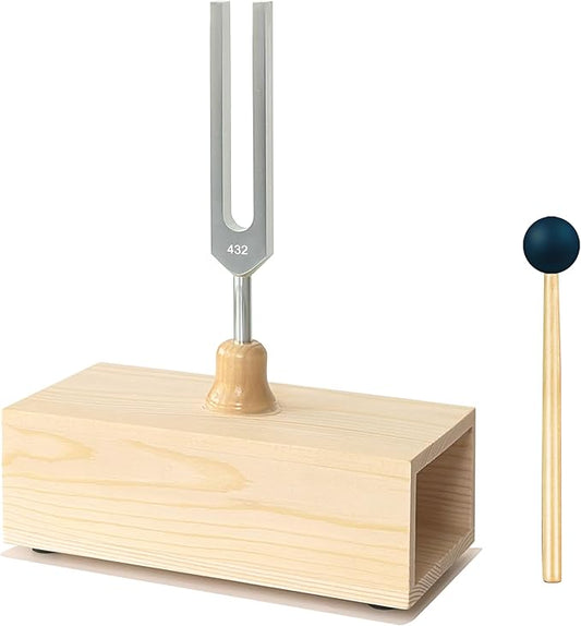 432 Hz Tuning Fork Paired with Elegant Wooden Resonator for Ultimate Meditation Experience