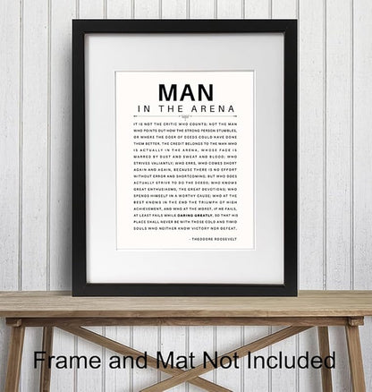Man in the Arena Quote Poster - 8x10 Motivational Inspirational Teddy Roosevelt Daring Greatly Wall Art Decor - Unique Gift for Men, Boys, Teens, Entrepreneur - For Office, Living Room, Bedroom