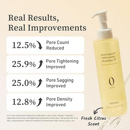 NOONI Facial Cleanser - Snow Aqua 0 LHA Toning Cleansing Oil | Makeup Blackhead Remover, Pore Control, Glass Skin, Help Control Sebum, Revitalizing, Moisturizing, Korean Skin Care, 6.76 Fl Oz (200 ml)