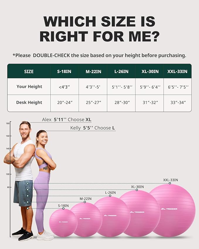 Trideer Exercise Ball for Yoga, Pilates & Fitness – Stability Ball Equipment for Home Gym & Office Chair, Core & Balance Training Accessories, Physical Therapy Equipment, Quick Pump Included, 5 Sizes