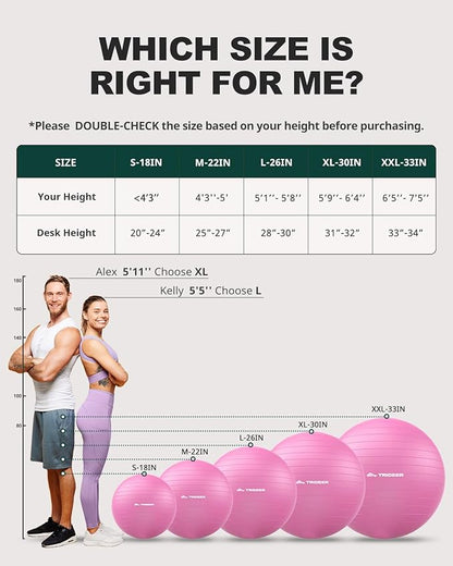 Trideer Exercise Ball for Yoga, Pilates & Fitness – Stability Ball Equipment for Home Gym & Office Chair, Core & Balance Training Accessories, Physical Therapy Equipment, Quick Pump Included, 5 Sizes