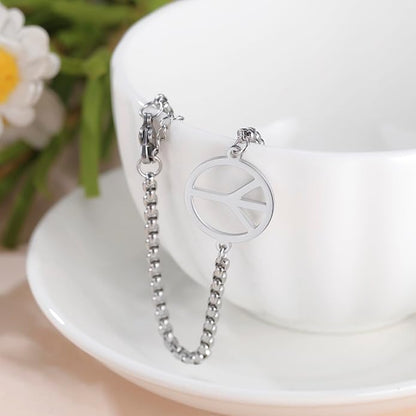 LIKGREAT Adjustable World Peace Symbol Bracelet for Women Stainless Steel Pendant Box Chain 1970s Jewelry