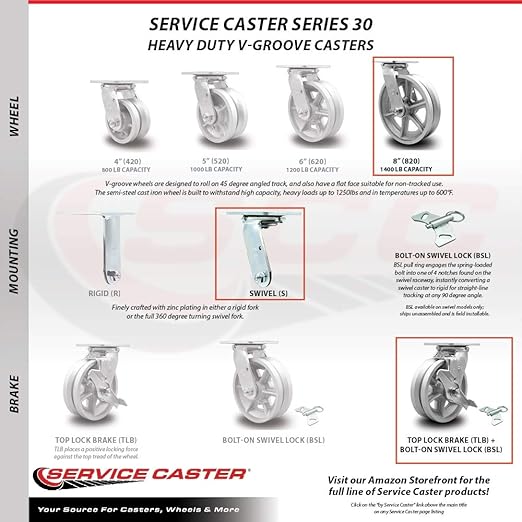 V Groove Semi Steel Swivel Top Plate Casters Set 4 Heavy Duty with 8 Inch Wheels - Includes 2 Swivel with Brakes and Bolt on Swivel Locks and 2 Swivel with Bolt on Swivel Locks - Service Caster Brand