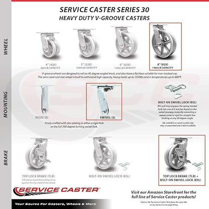V Groove Semi Steel Swivel Top Plate Casters Set 4 Heavy Duty with 8 Inch Wheels - Includes 2 Swivel with Brakes and Bolt on Swivel Locks and 2 Swivel with Bolt on Swivel Locks - Service Caster Brand