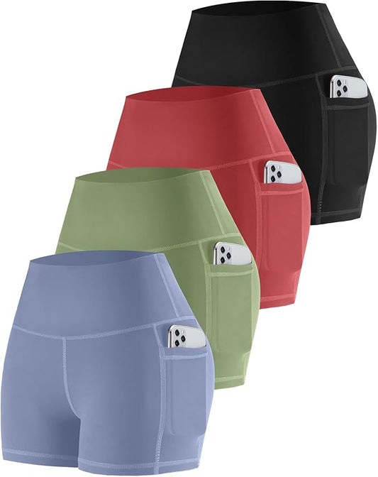 CHRLEISURE Womens Biker Yoga Shorts with Pockets: High Waisted Tummy Control Spandex Workout Athletic Gym Shorts 4 Packs