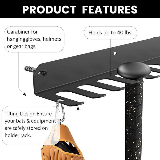 Wall Mount Baseball Bat Rack, Hold 16 Bats, Home Gym Sports Equipment Organizer Hanger, Olympic Barbells Holder, Heavy Duty Hooks for Hangs Bats,Gloves,Hats,Bags,Balls,Row Handles or Tools, Black