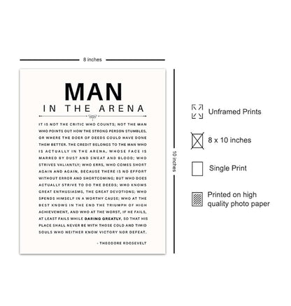 Man in the Arena Quote Poster - 8x10 Motivational Inspirational Teddy Roosevelt Daring Greatly Wall Art Decor - Unique Gift for Men, Boys, Teens, Entrepreneur - For Office, Living Room, Bedroom
