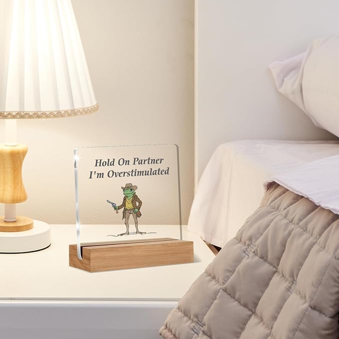 Caution Overstimulated Desk Sign, Hold On Partner I'm Overstimulated Acrylic Plaque Gifts for Coworkers Friends, Funny Office Desk Decor