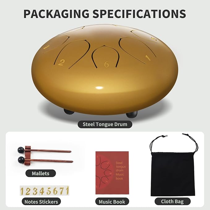 Rain Drum for Outside Garden, 6 Inches 8 Notes Steel Tongue Drums, Waterproof Meditation Rain Chime, Musical Instruments for Adult Gift with Bag, Music Book, Mallets (Gold)