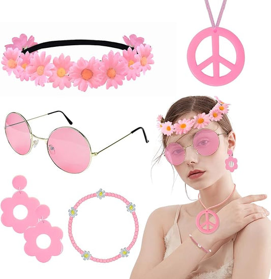 Hippie Costume Accessories Set Peace Sign Necklace Sunglasses Flower Headband Earrings for 60s 70s Outfit Party Women