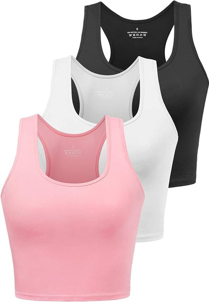 Porvike Sports Crop Tank Tops for Women Cropped Workout Tops Racerback Running Yoga Tanks Cotton Sleeveless Gym Shirts 3 Pack