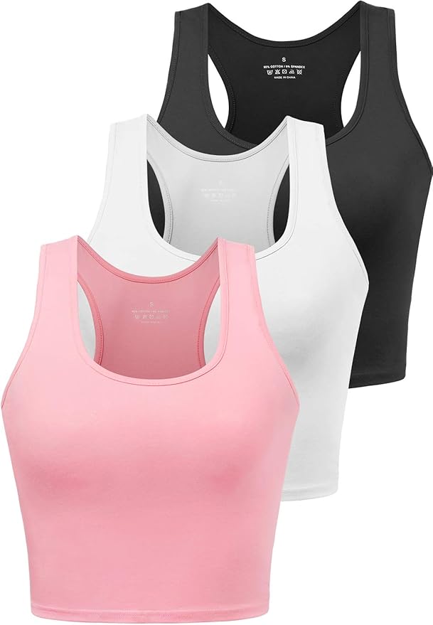 Porvike Sports Crop Tank Tops for Women Cropped Workout Tops Racerback Running Yoga Tanks Cotton Sleeveless Gym Shirts 3 Pack
