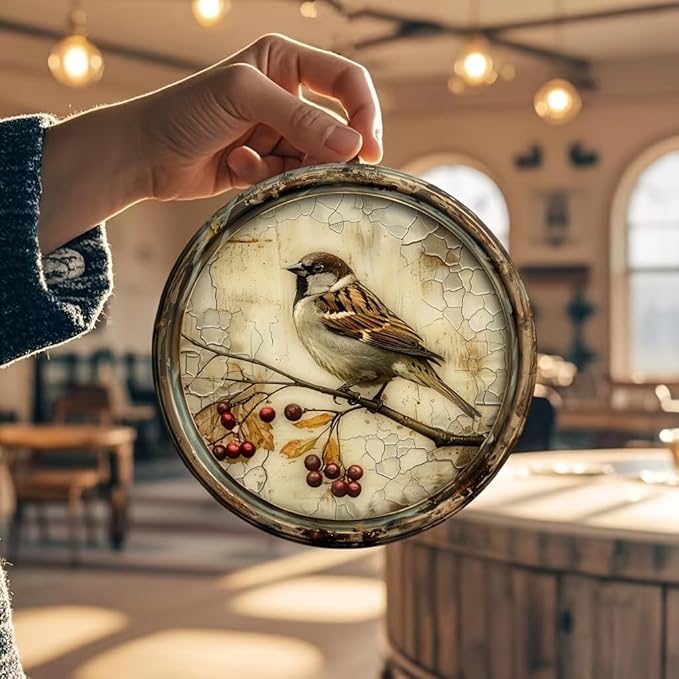 A Vintage Bird with a Cherry Round Wooden Sign, 8X8 Inches,Printed Wooden Wall Art, Suitable for Home, Kitchen, Garden, And Office Decor - The Perfect Holiday Gift.
