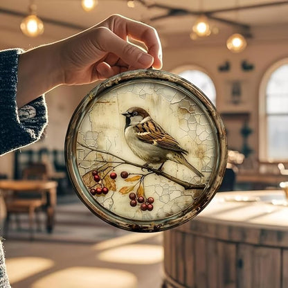 A Vintage Bird with a Cherry Round Wooden Sign, 8X8 Inches,Printed Wooden Wall Art, Suitable for Home, Kitchen, Garden, And Office Decor - The Perfect Holiday Gift.