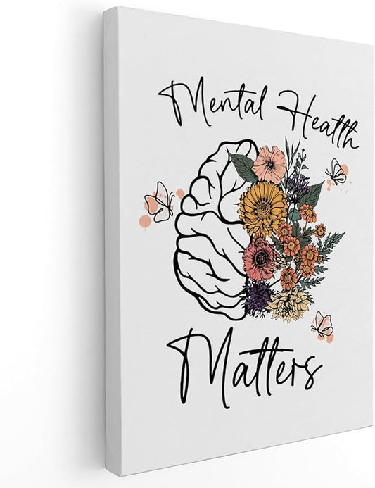 APJYM Mental Health Matters Flower Brain Canvas Wall Art - Therapist Office Decor, School Counselor Posters - 16x24 Inches