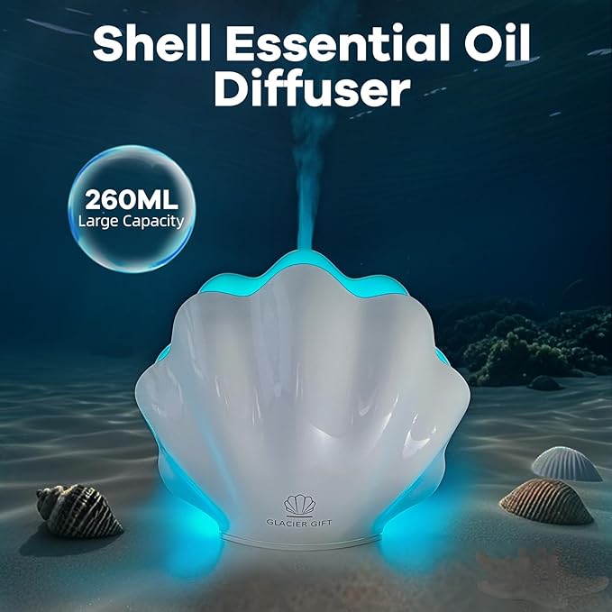 Essential Oil Diffuser 260ML, Shell Aroma Diffuser with Remote Control Humidifier with 7 Colors LED Night Light for Bedroom Home Relaxation (White)