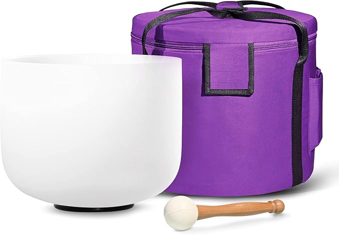 440HZ 8 Inch C Note Root Chakra Frosted Quartz Crystal Singing Bowl Meditation Therapy Sound Healing Instrument Sound Bath Bowl with Carrying Bag