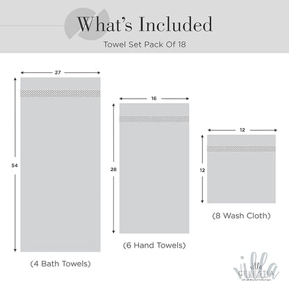 100% Cotton Bath Towel Set of 18-4 Bath Towels, 6 Hand Towels, 8 Wash Cloths, Sustainable, Soft, Highly Absorbent, Combed Cotton 18 Piece Set for Hotels, Spa, Bathroom, Dorm, White