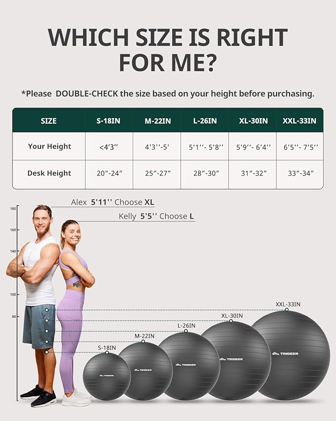 Trideer Exercise Ball for Yoga, Pilates & Fitness – Stability Ball Equipment for Home Gym & Office Chair, Core & Balance Training Accessories, Physical Therapy Equipment, Quick Pump Included, 5 Sizes