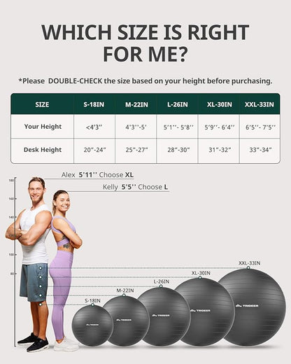 Trideer Exercise Ball for Yoga, Pilates & Fitness – Stability Ball Equipment for Home Gym & Office Chair, Core & Balance Training Accessories, Physical Therapy Equipment, Quick Pump Included, 5 Sizes