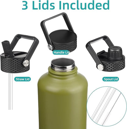 Insulated Water Bottle with Straw,50 oz 3 Lids Water Jug with Carrying Bag,Paracord Handle,Double Wall Vacuum Stainless Steel Metal Flask,Forest Green