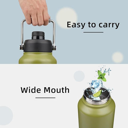 Half Gallon Jug with Handle,64 oz Insulated Water Bottle with Carrying Pouch,Double Wall Vacuum Stainless Steel Metal Bottle,Forest Green