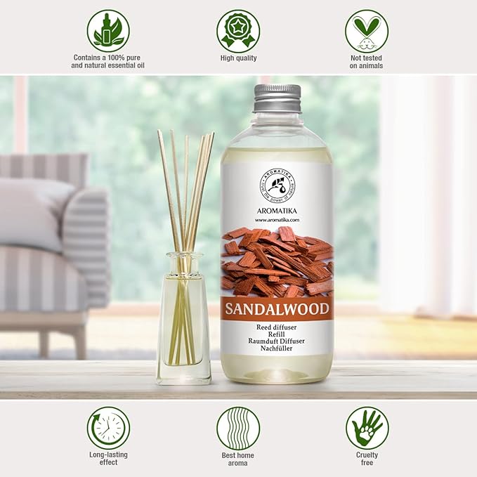 Reed Diffuser Refill Sandalwood 17 Fl Oz (500ml) - Room Diffuser - Home Fragrance - Scented Diffusers for Aromatherapy - Air freshener - Fresh/Intensive Fragrance