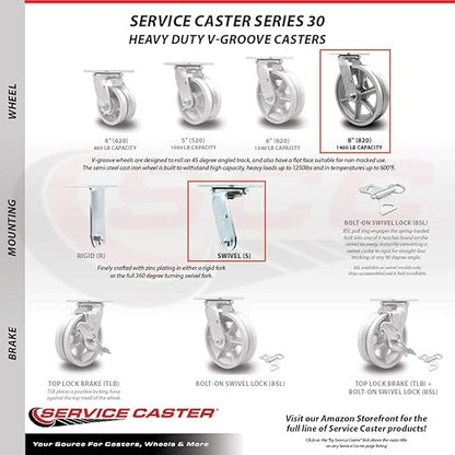 V Groove Semi Steel Cast Iron Swivel Top Plate Heavy Duty Caster with 8 Inch Wheel – 1,250 lbs. Capacity/Caster - Service Caster Brand