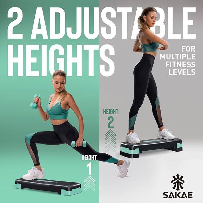 SAKAE Aerobic Step Platform Set with Waist Trimmer & Measuring Tape, Exercise Steppers for Home Exercise Fitness, Adjustable Height 2 Level Risers Workout Step Platform Trainer, Multiple Colors
