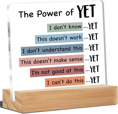 Mental Health Desk Decor, Motivational Growth Mindset Desk Signs the Power of Yet Acrylic Plaque Sign Therapy Office Classroom Decoration 4 x 4 Inches