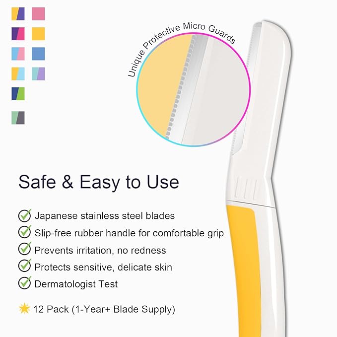 Face Razors for Women, Dermaplane Razor for Women Face, Eyebrow Razor, Dermaplaning Tool, Skin Safe Microblades, Peach Fuzz Remover (12ct, Solar Veil)