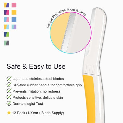 Face Razors for Women, Dermaplane Razor for Women Face, Eyebrow Razor, Dermaplaning Tool, Skin Safe Microblades, Peach Fuzz Remover (12ct, Solar Veil)