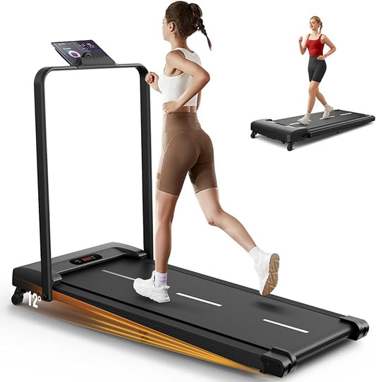 ANCHEER Foldable Treadmill with 12% Incline, 3.0HP Walking Pad Treadmills with Handle Bar, 320LBS Capacity/2S Folding/Widened Belt, Quiet Portable Walking Treadmill Under Desk with LED